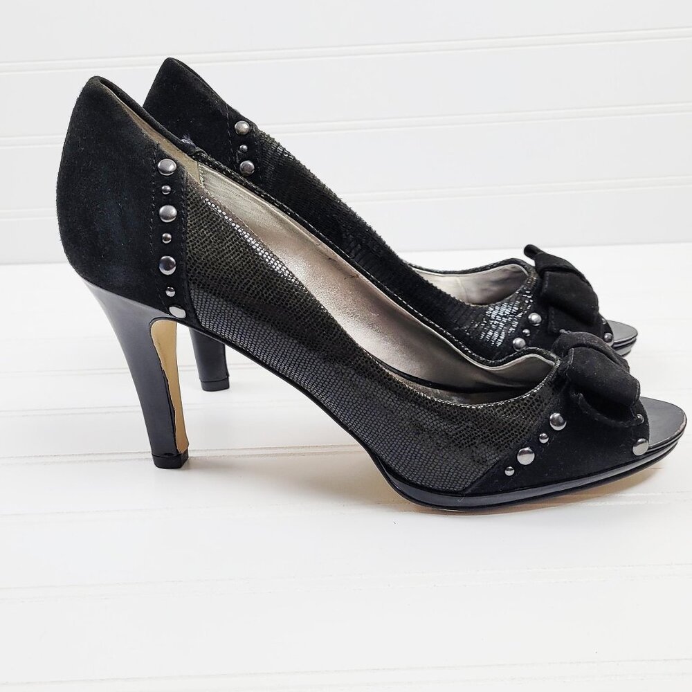 Anne Klein Shoes Womens 9 1/2 Black Suede Leather Heels Studded Patent Peep Toe